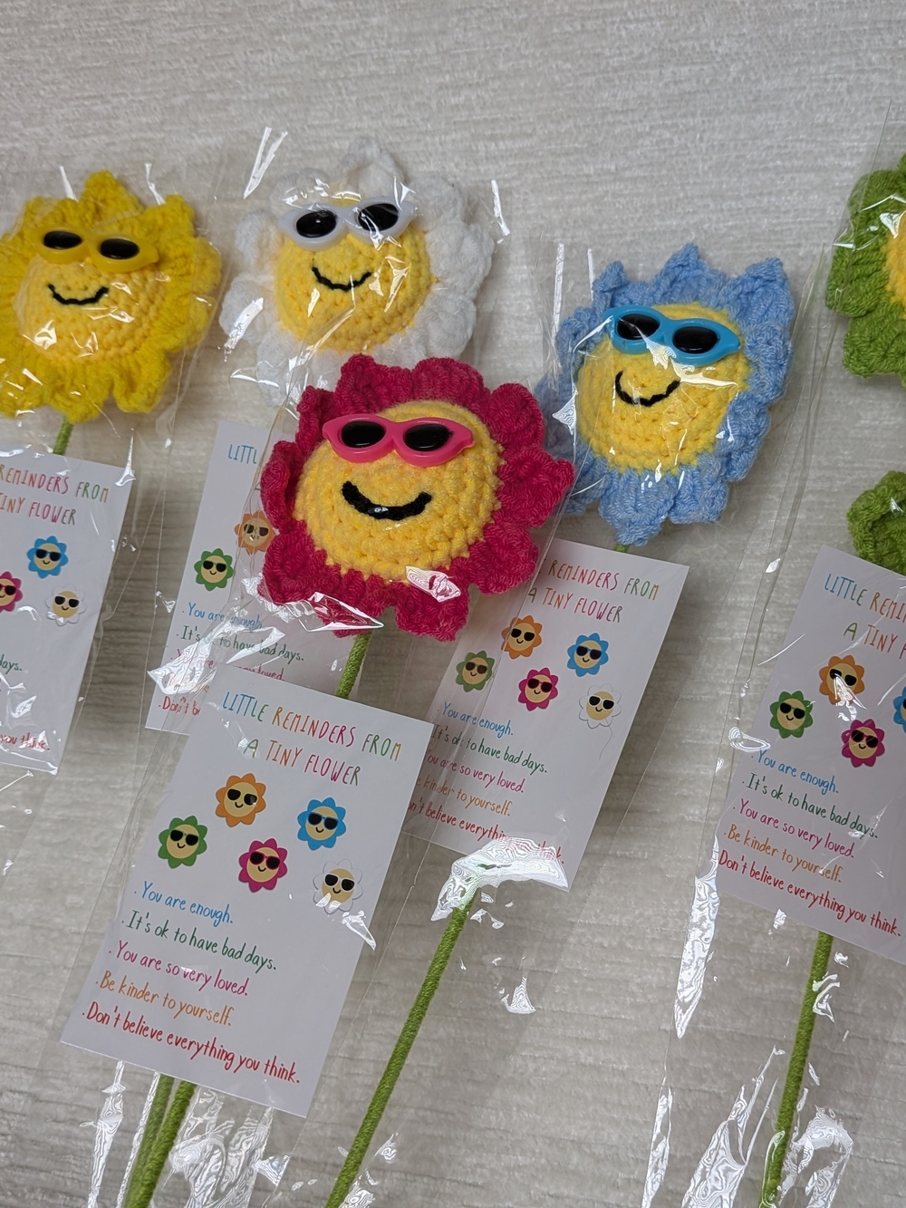 Sunny Flower Crochet Stems- Set Of 5 With Positive Message Cards